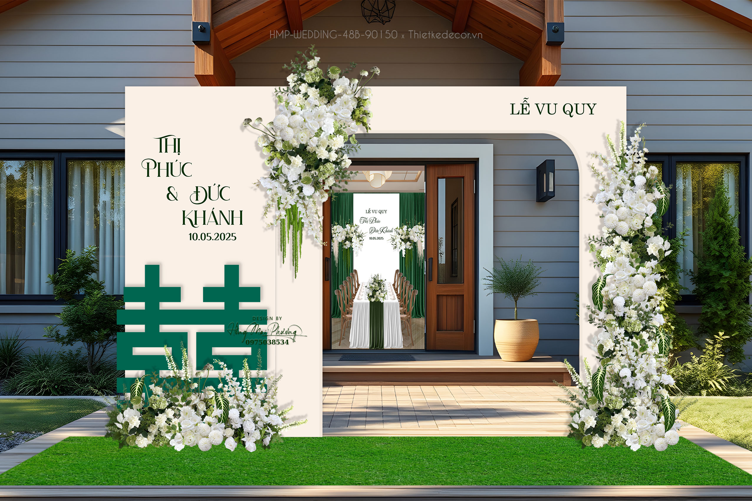 Cổng cưới tone kem mix xanh lá kèm chữ Hỷ phong cách tinh giản